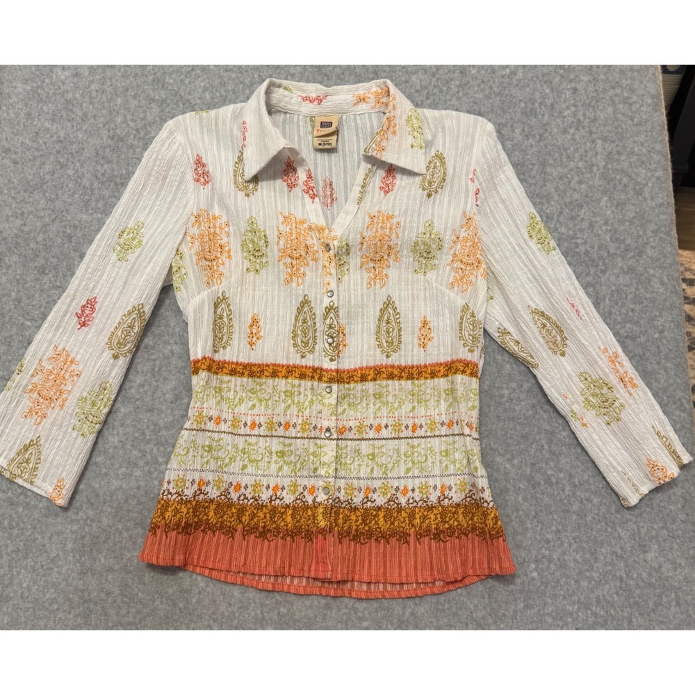 Y2K Faded Glory Womens Medium Paisley Crinkle Gauze Pearl‎ Snap Shirt Vintage